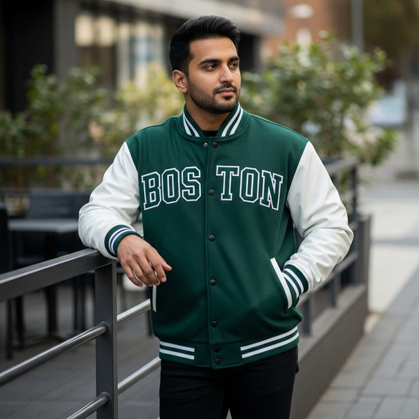 Green Boston Print Baseball Jacket