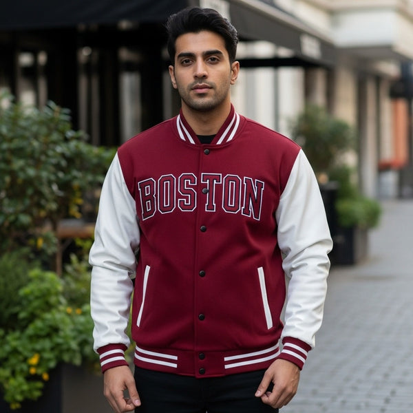 White & Maroon Boston Print Baseball Jacket