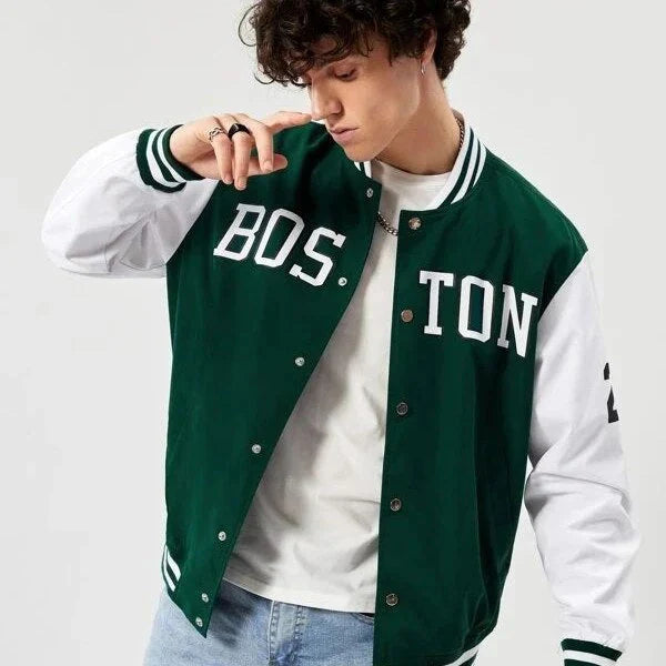Green Boston Print Baseball Jacket – NJ Mens